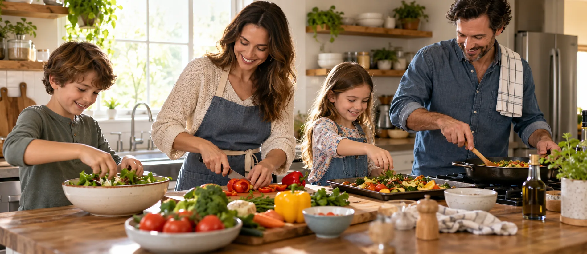 Family preparing dinner together in a sunny kitchen