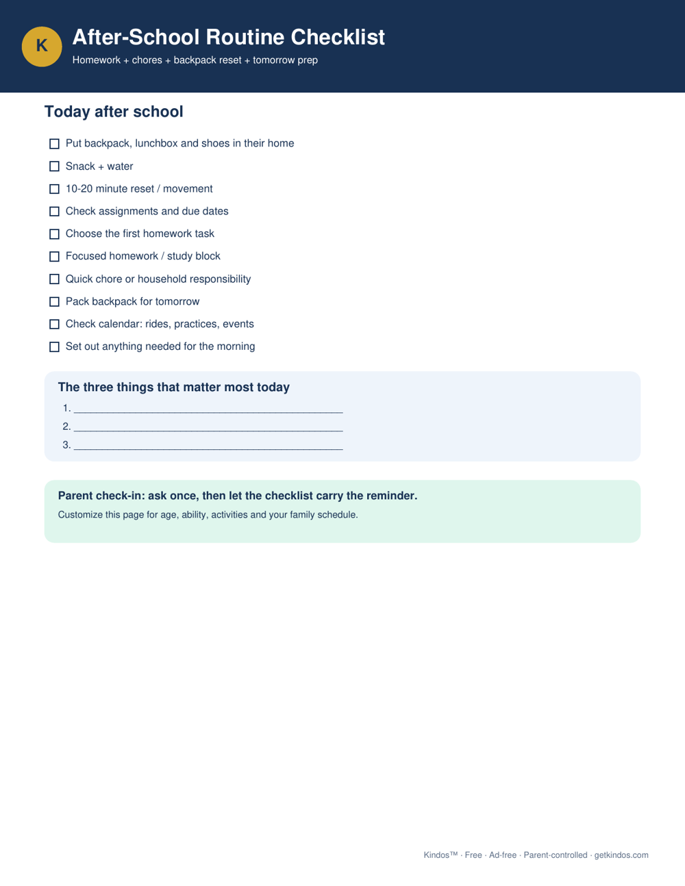 Preview of After-School Routine Checklist