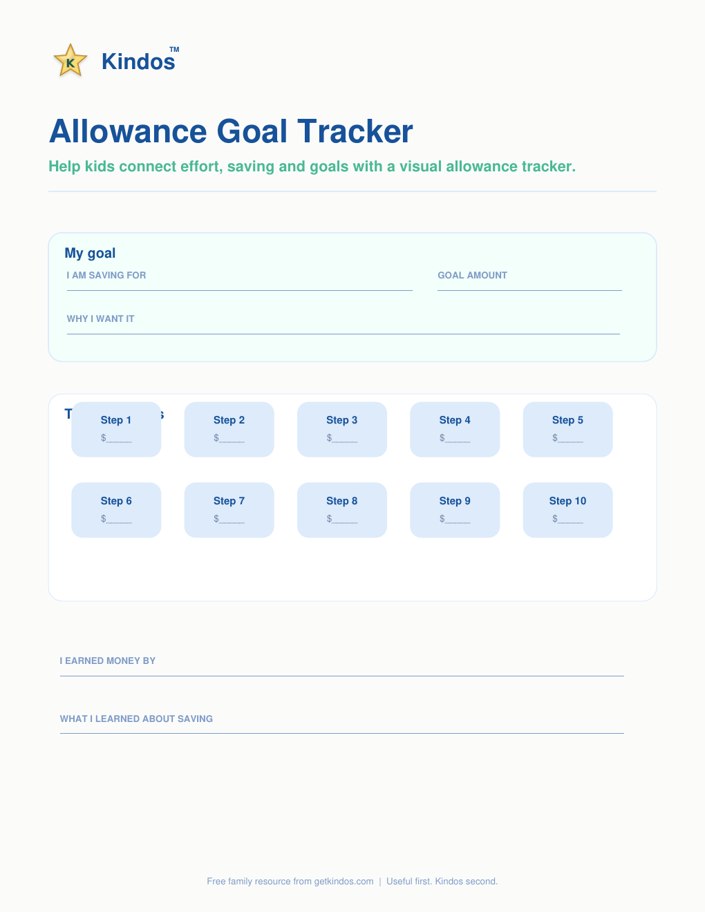 Preview of Allowance Goal Tracker free Kindos printable
