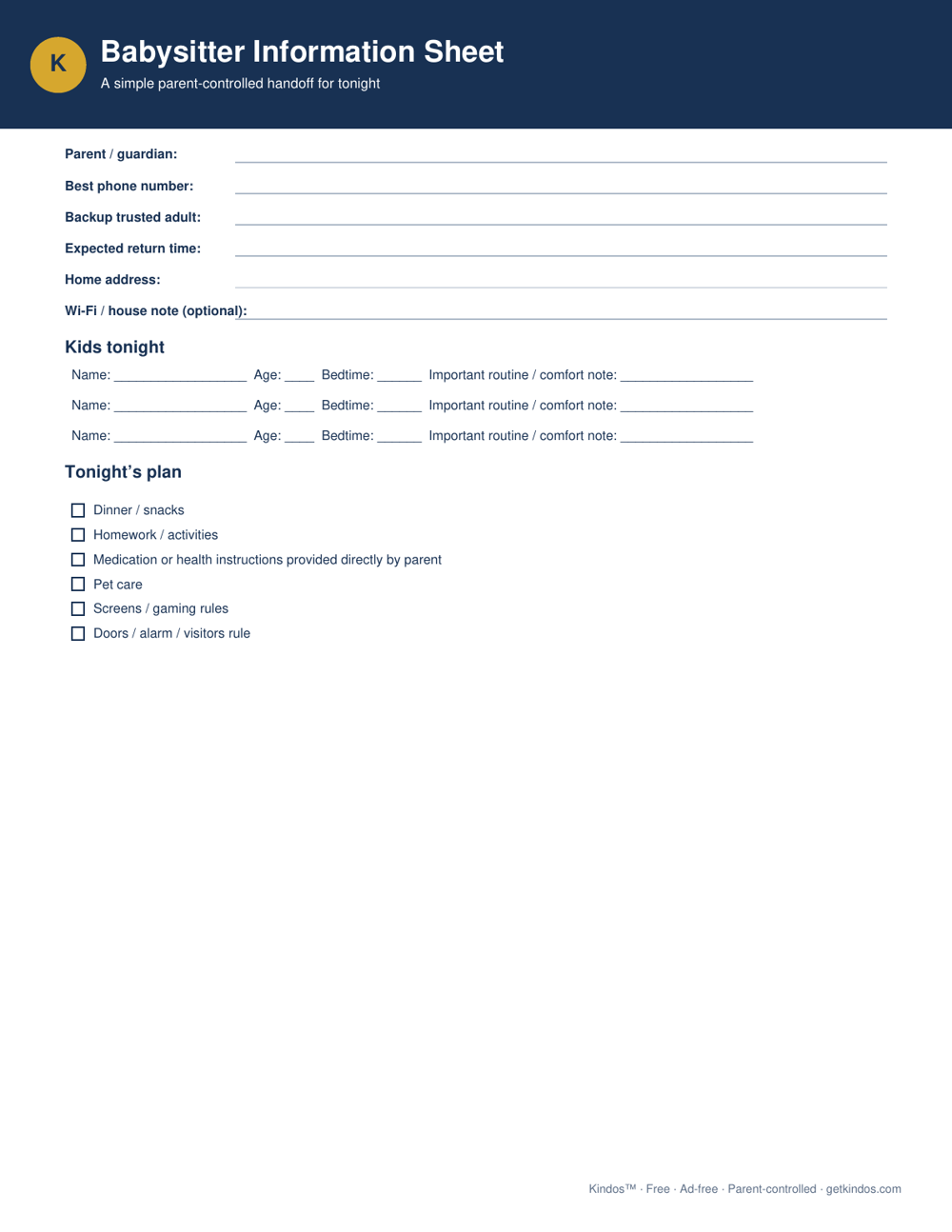 Preview of Babysitter Information Sheet