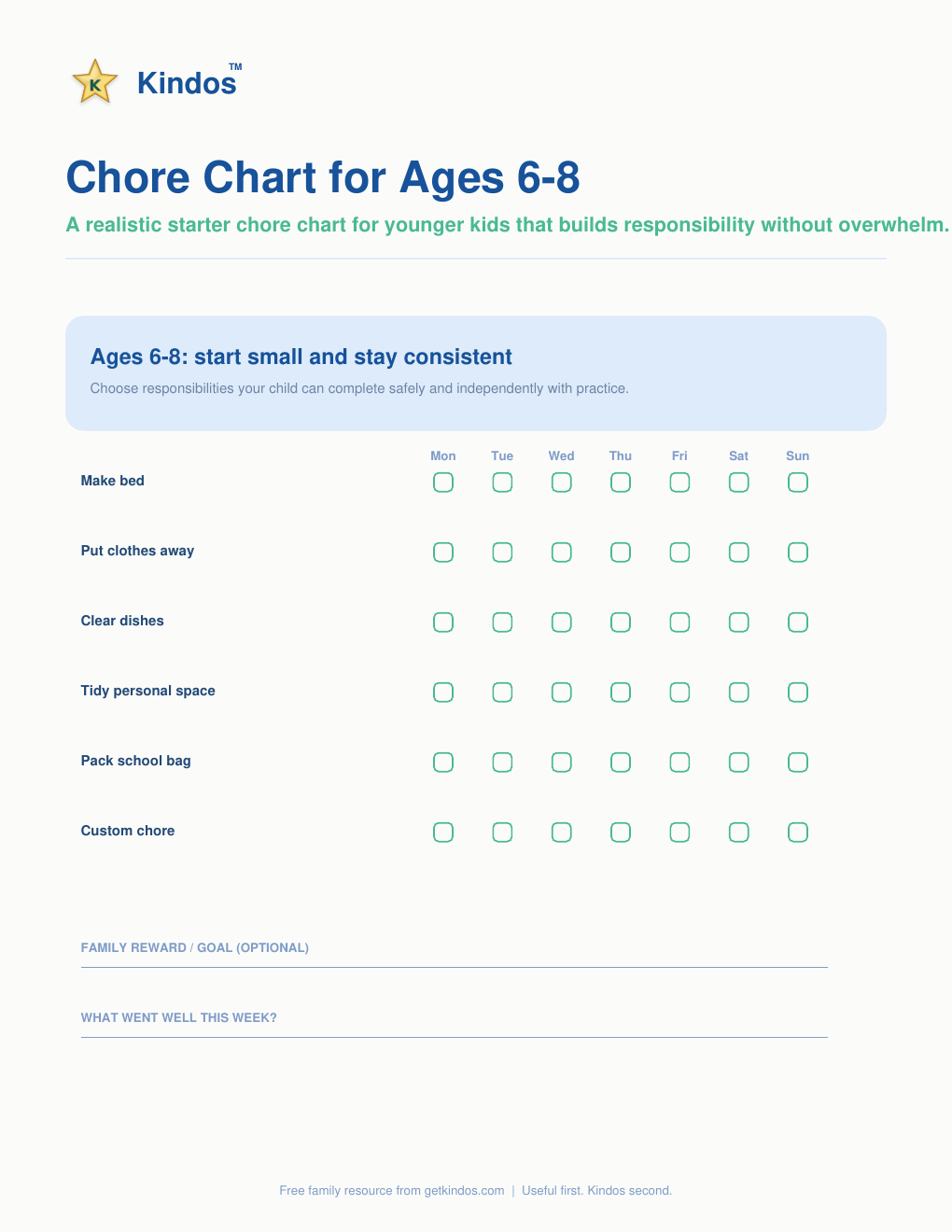 Preview of Chore Chart for Ages 6-8 free Kindos printable