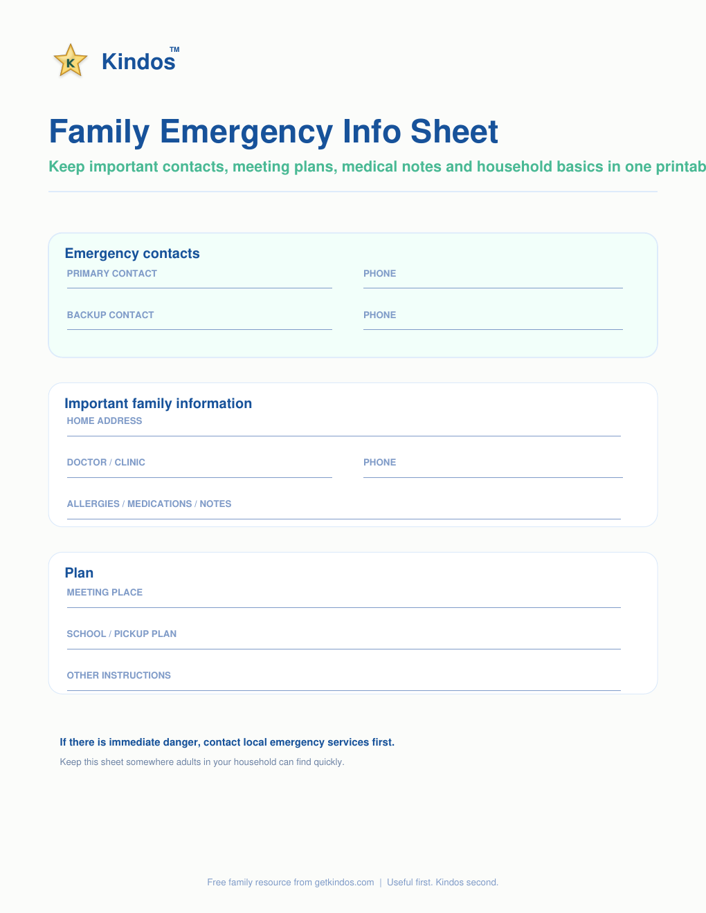 Family Emergency Info Sheet printable preview
