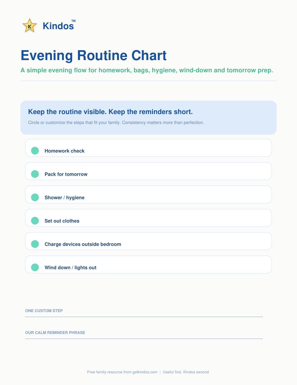 Evening Routine Chart printable preview