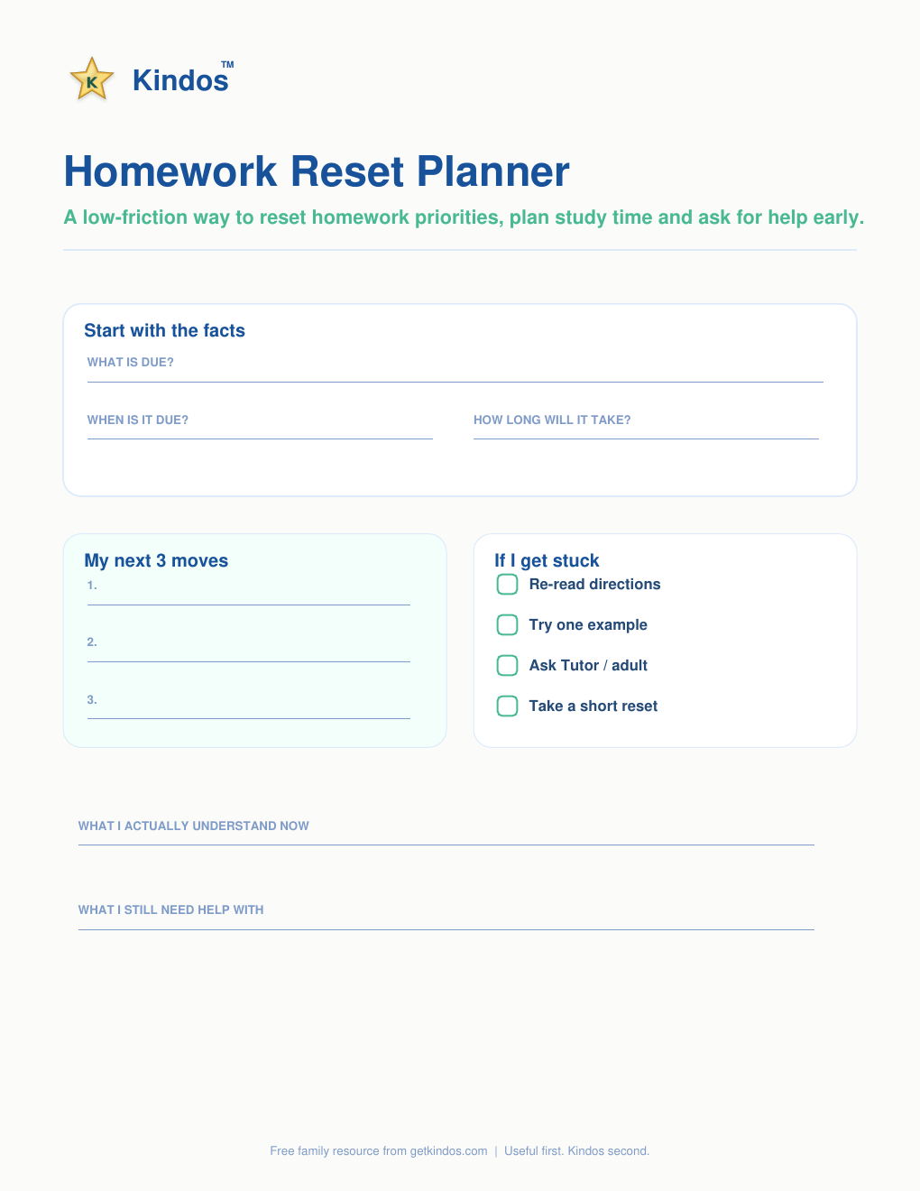 Homework Reset Planner printable preview