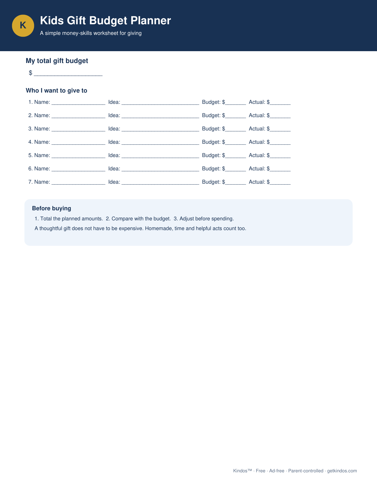 Preview of Kids Gift Budget Planner