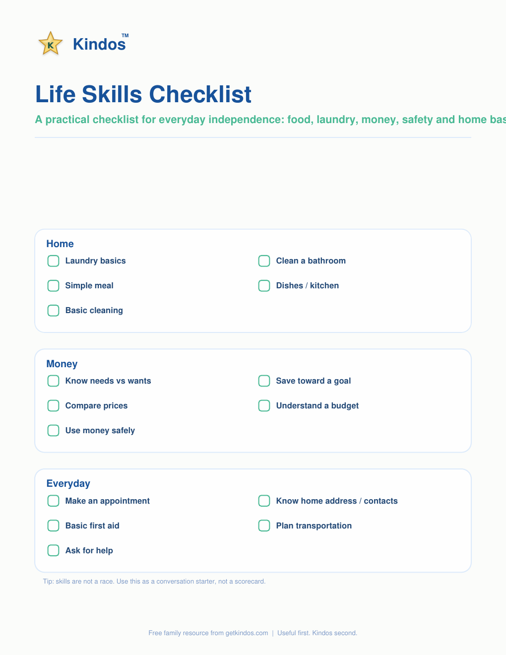 Preview of Life Skills Checklist free Kindos printable