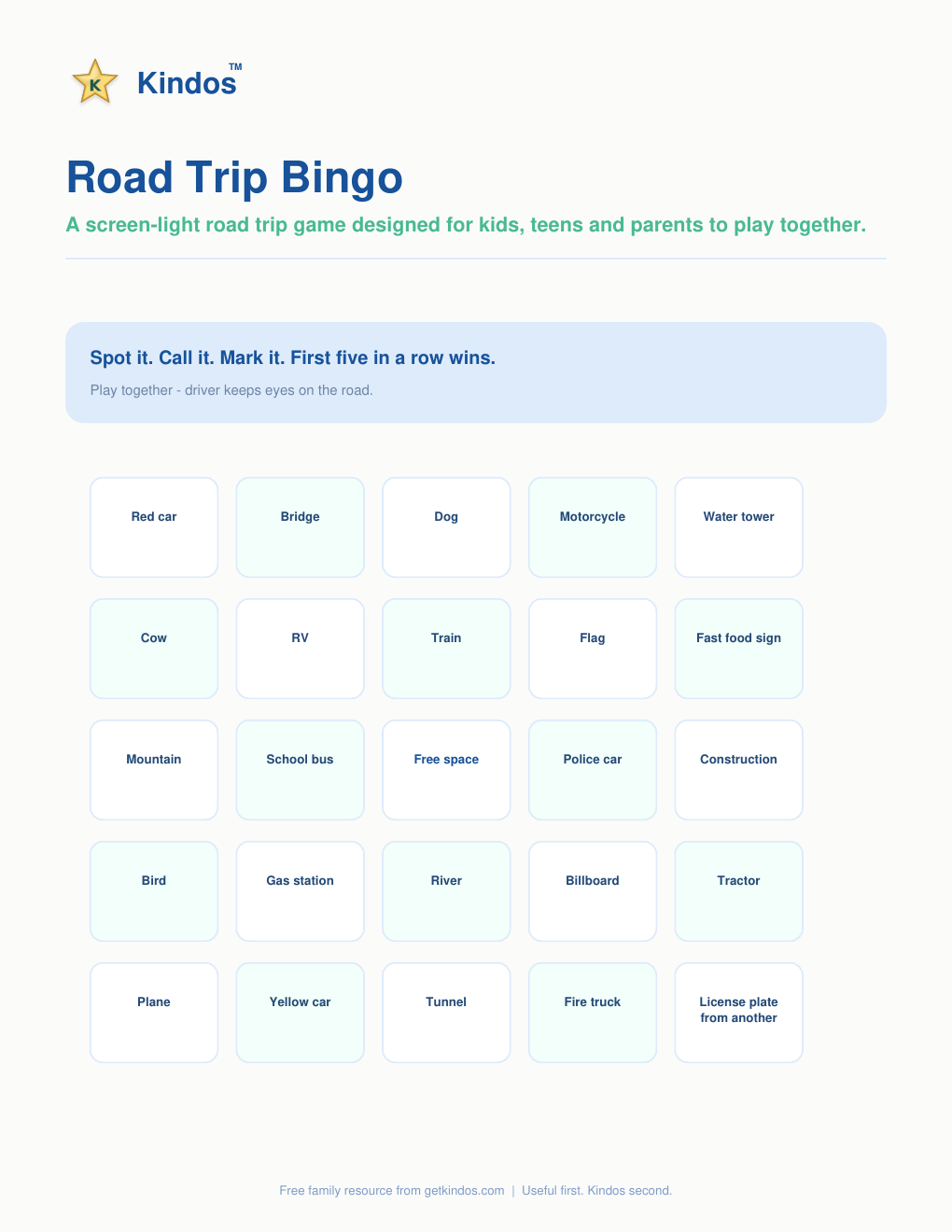 Road Trip Bingo printable preview