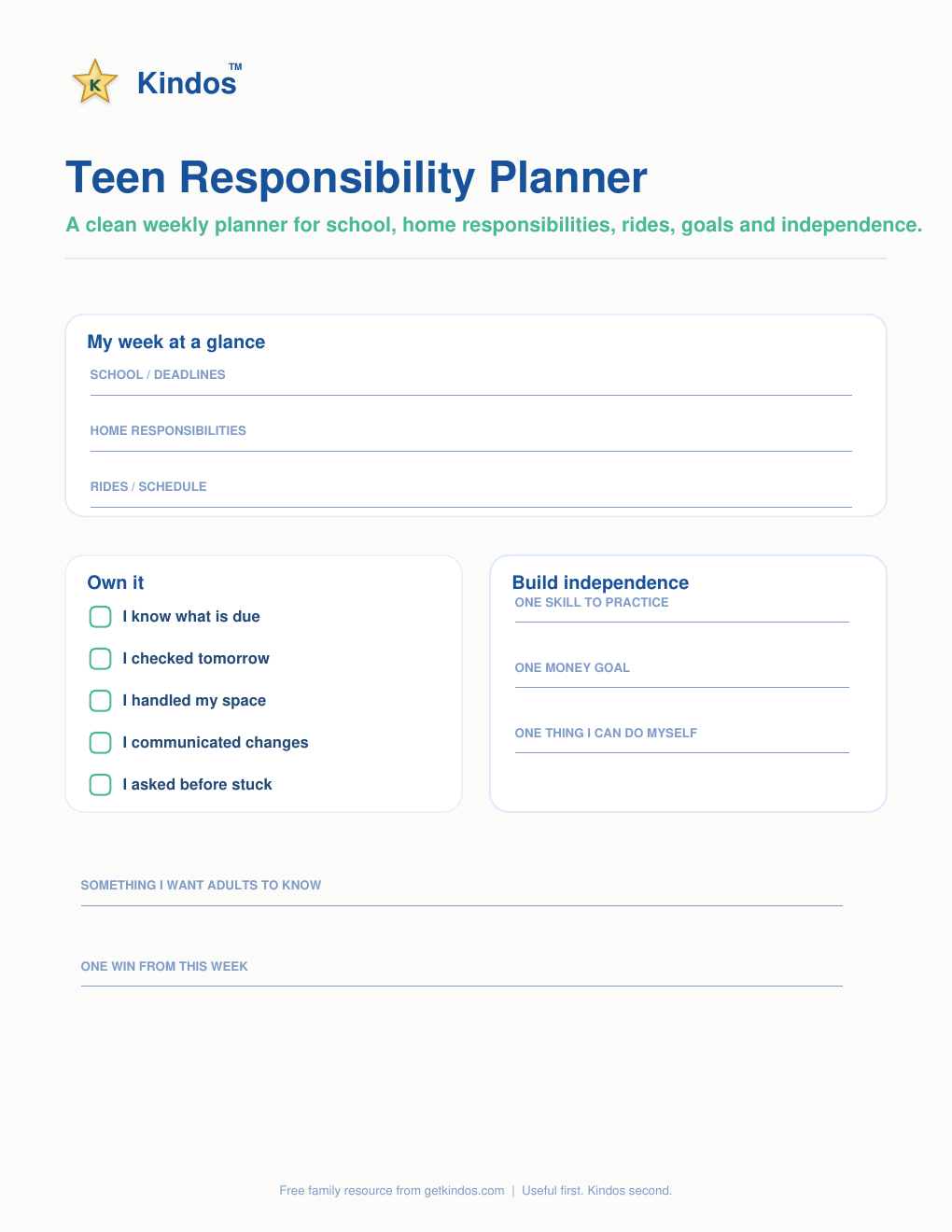 Teen Responsibility Planner printable preview